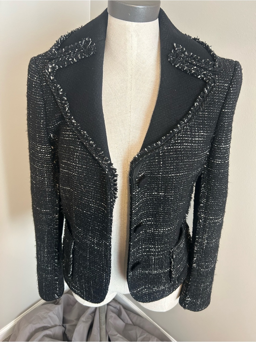 Ann Taylor Black Tweed Fringed-Trim Blazer